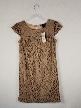 INC Shift Dress Lace Cap Sleeve Beige Lined with Gold Lace‎ Overlay Size 2